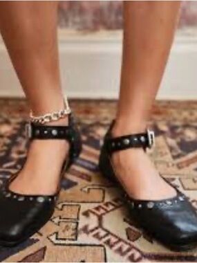 Free People Black Studded Mary Jane Flats with Ankle Buckle